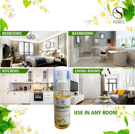Esbee Jasmine Air Freshener Spray – 4 x 100ML | Long-Lasting & Refreshing Floral Fragrance | Odor Eliminator & Room Freshener (Pack of 4) (100ML, Jasmine)