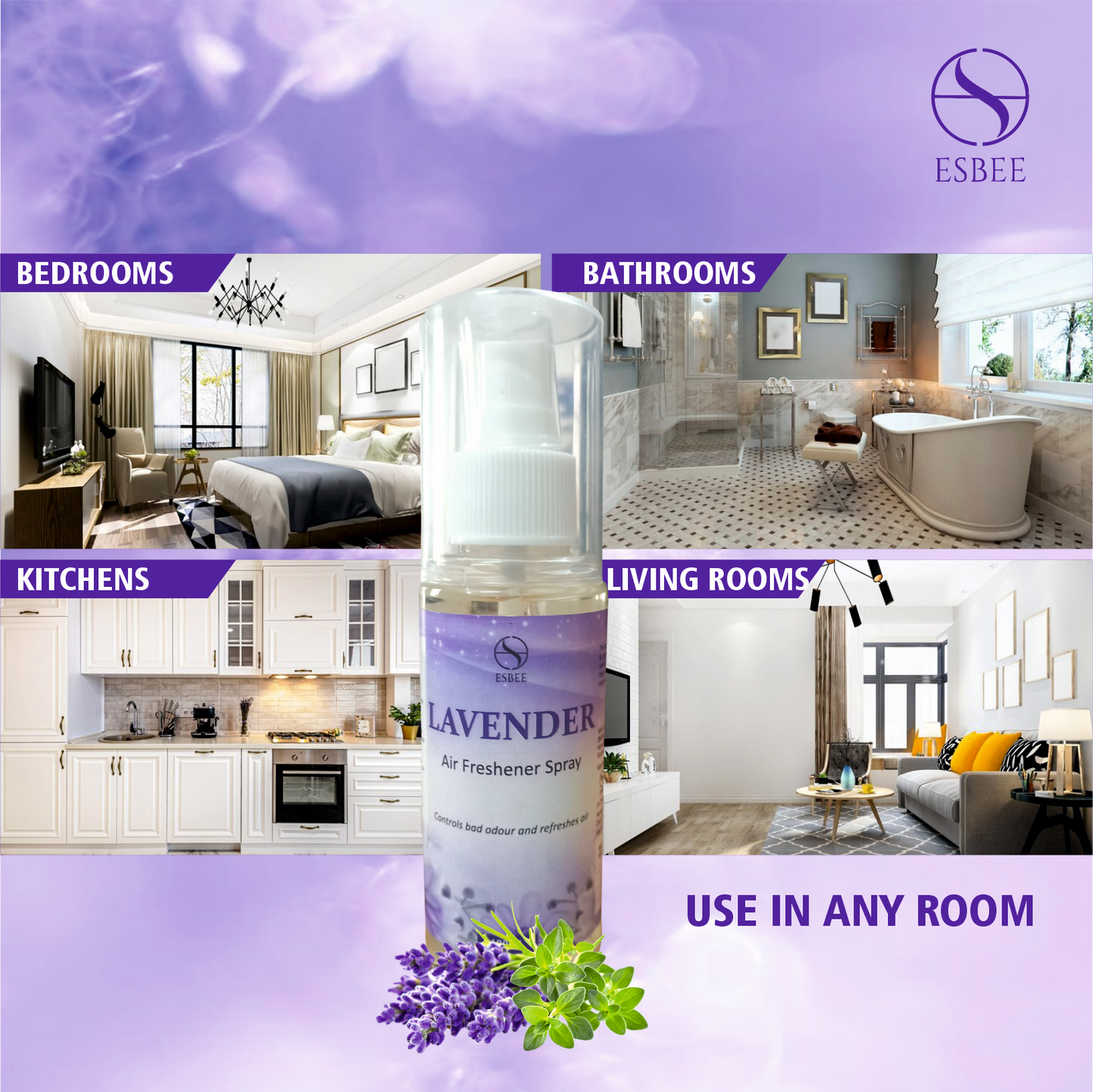 Esbee Lavender Air Freshener Spray β 2 x 100ML | Long-Lasting & Refreshing Floral Fragrance | Odor Eliminator & Room Freshener (Pack of 2) (100ML, Lavender)