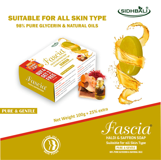FASCIA Haldi & Saffron Soap | Pure & Gentle with 98% Pure Glycerin & Natural Oils, Sandalwood Powder, Haldi Extract, Vitamin C & Saffron | 100% Vegan, Paraben & Cruelty Free | Pack of 1 + Get 4+2 Free I 125g