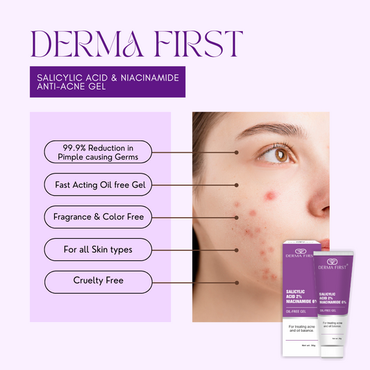 Derma First Anti-Acne Oil-Free Gel, Salicylic Acid 2%, Niacinamide 6%, For Active Acne, Oil Balance, Tightens Pores, 30G I Pack of 1
