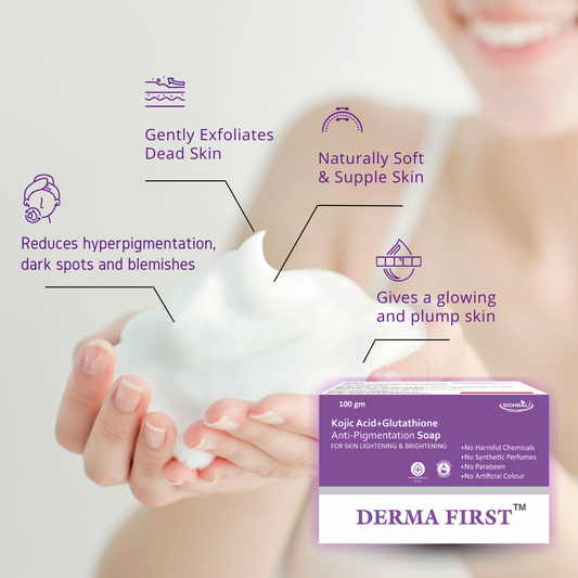 Derma First Kojic Acid and Glutathione Anti-Pigmentation Bath Soap Bar (Pack of 1) | 100g | Skin Lightening and Brightening Soap | For Treating Dark Spots & Blemishes