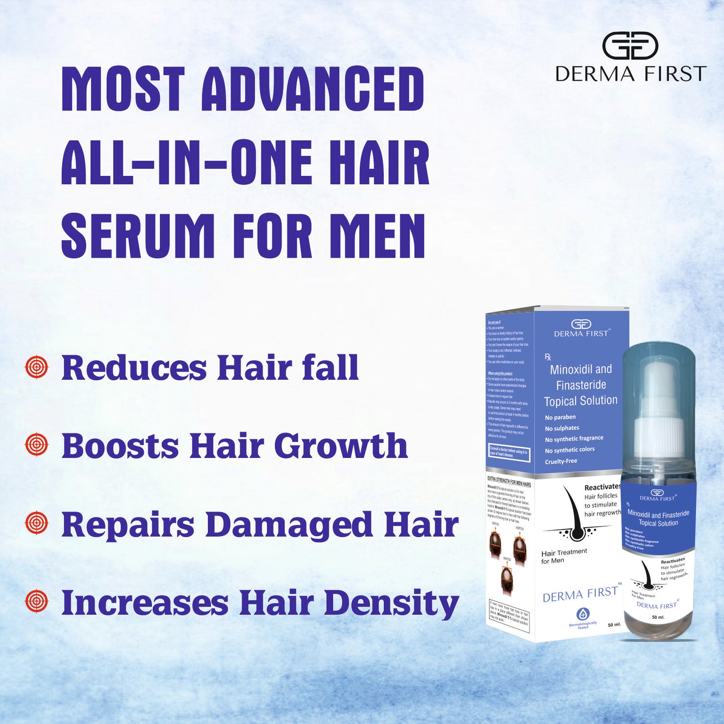 Derma First Minoxidil & Finasteride Topical Solution | Hair Regrowth Treatment For Men | Reactivates Hair Follicles & Boosts Hair Growth | Repairs Damaged Hair & Increases Hair Density | 50ml I Pack of 1