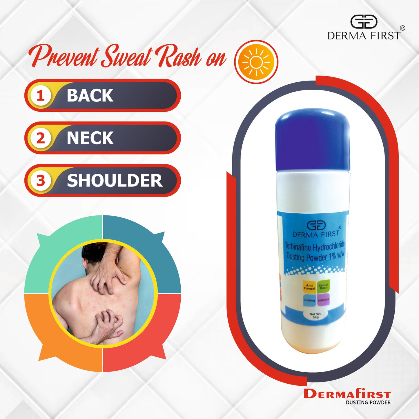 Derma First Terbinafine Hydrochloride 1% Dusting Powder | Anti-Fungal Treatment for Sweat Rash, Itching, Irritation, Redness & Rashes | Expert Skin Solution | 50g I Pack of 1