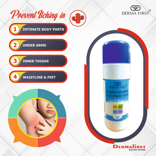 Derma First Terbinafine Hydrochloride 1% Dusting Powder | Anti-Fungal Treatment for Sweat Rash, Itching, Irritation, Redness & Rashes | Expert Skin Solution | 50g I Pack of 1