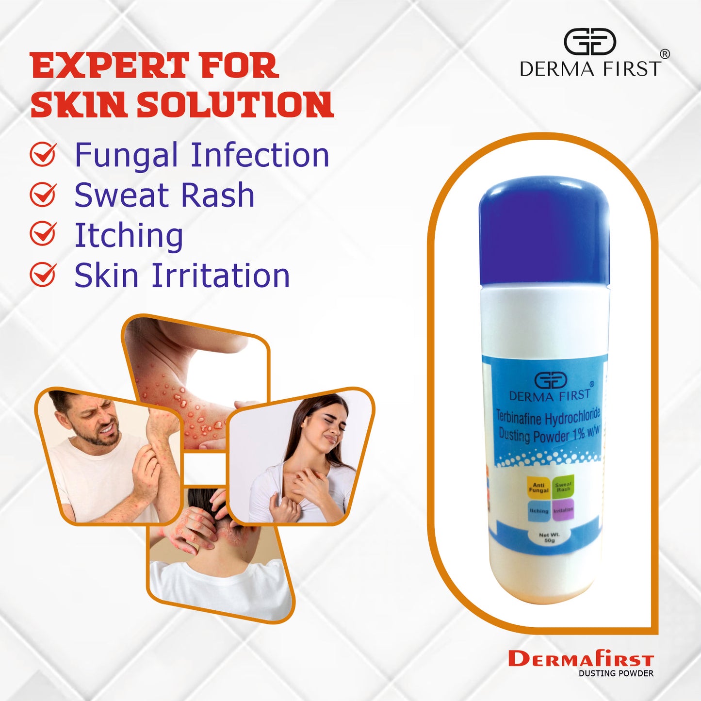 Derma First Terbinafine Hydrochloride 1% Dusting Powder | Anti-Fungal Treatment for Sweat Rash, Itching, Irritation, Redness & Rashes | Expert Skin Solution | 50g I Pack of 2