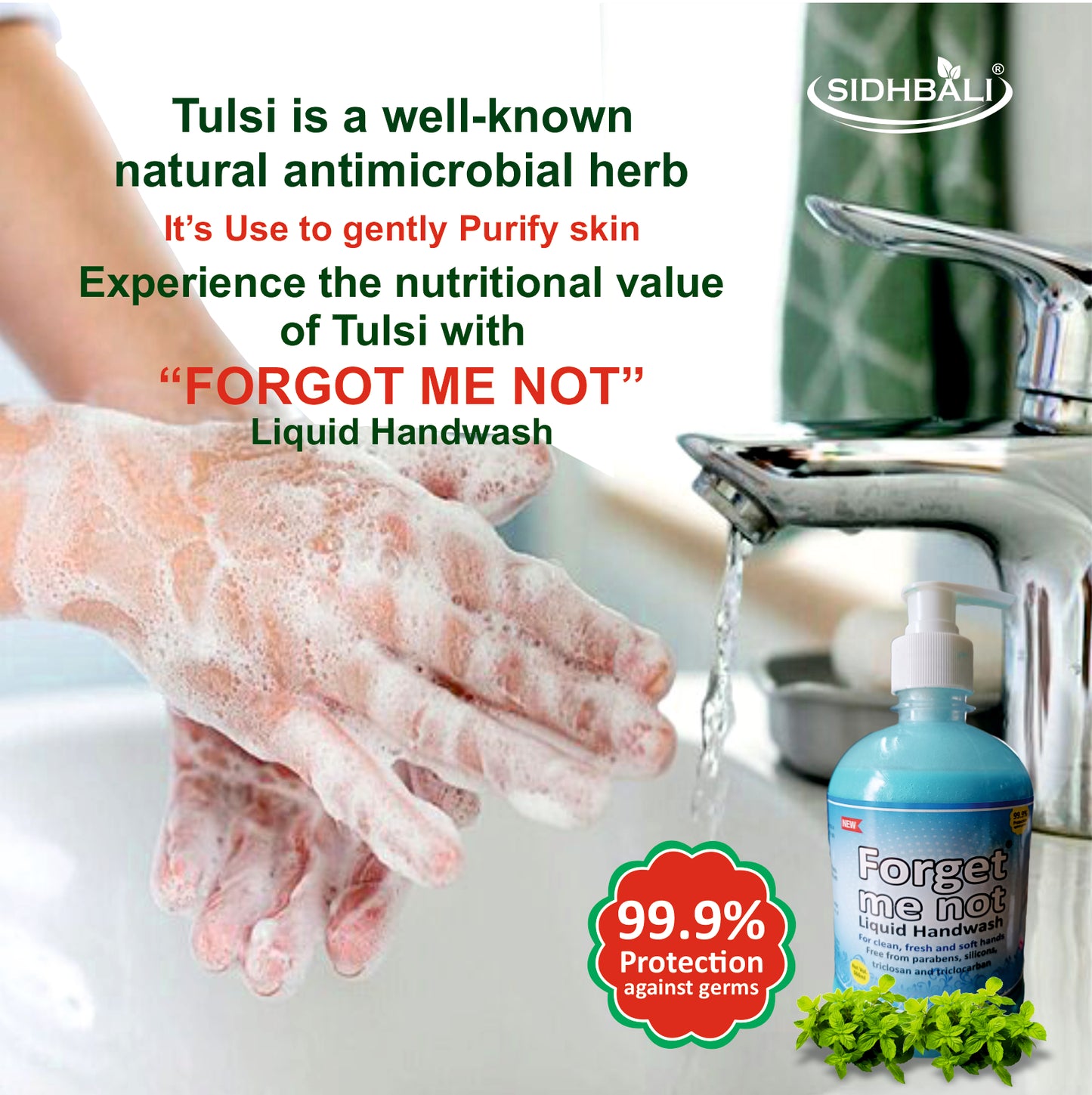 Forget Me Not Tulsi Liquid Handwash | Kills 99% Germs, Moisturizes & Leaves Hands Soft | No Paraben, Silicon, Triclosan, Triclocarban or Sulphate | (Pack of 2) 500ML Each