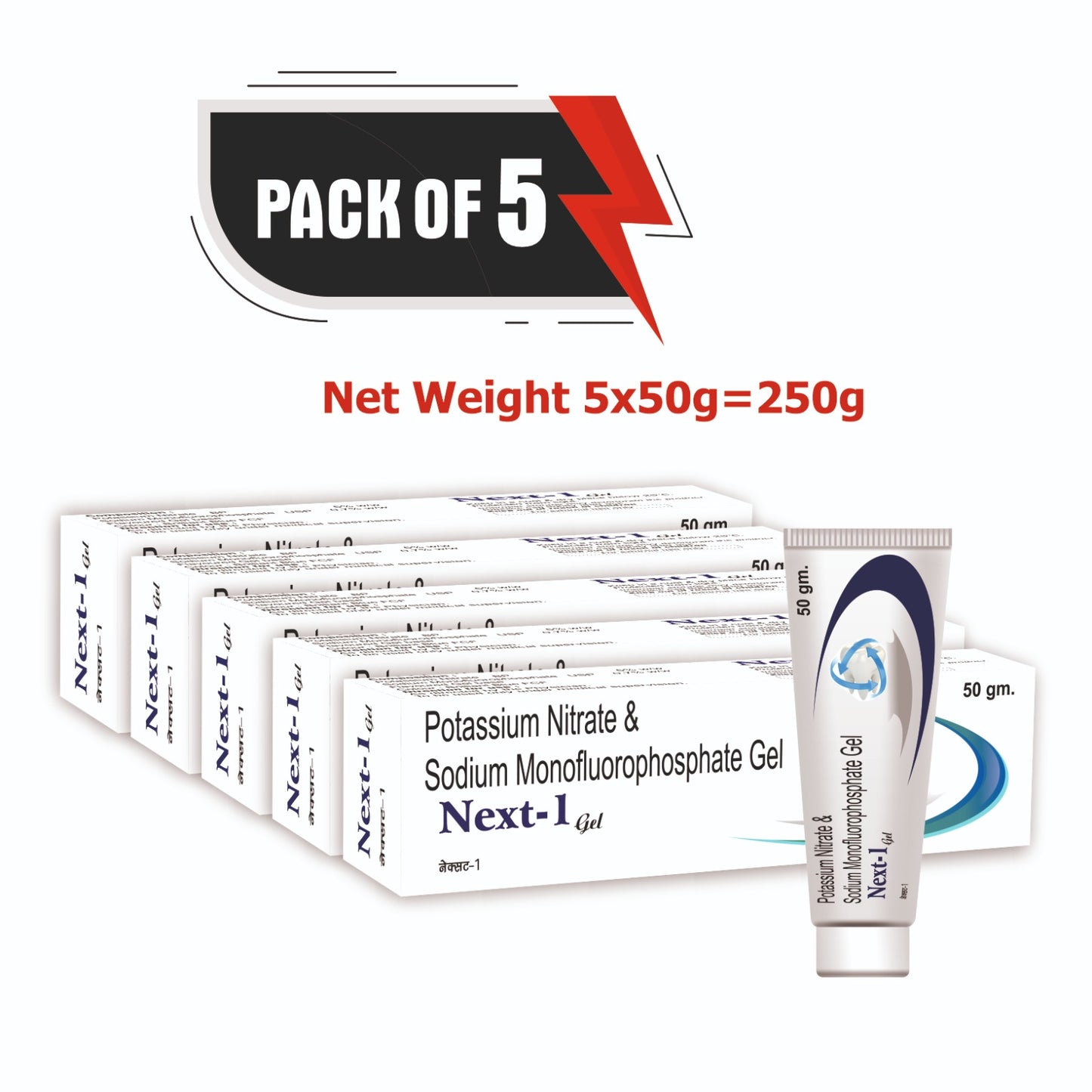 Sidhbali Next-1 Gel Potassium Nitrate & Sodium Monofluorophosphate Gel Fights Tooth Decay Toothpaste (50 g, Pack of 5)