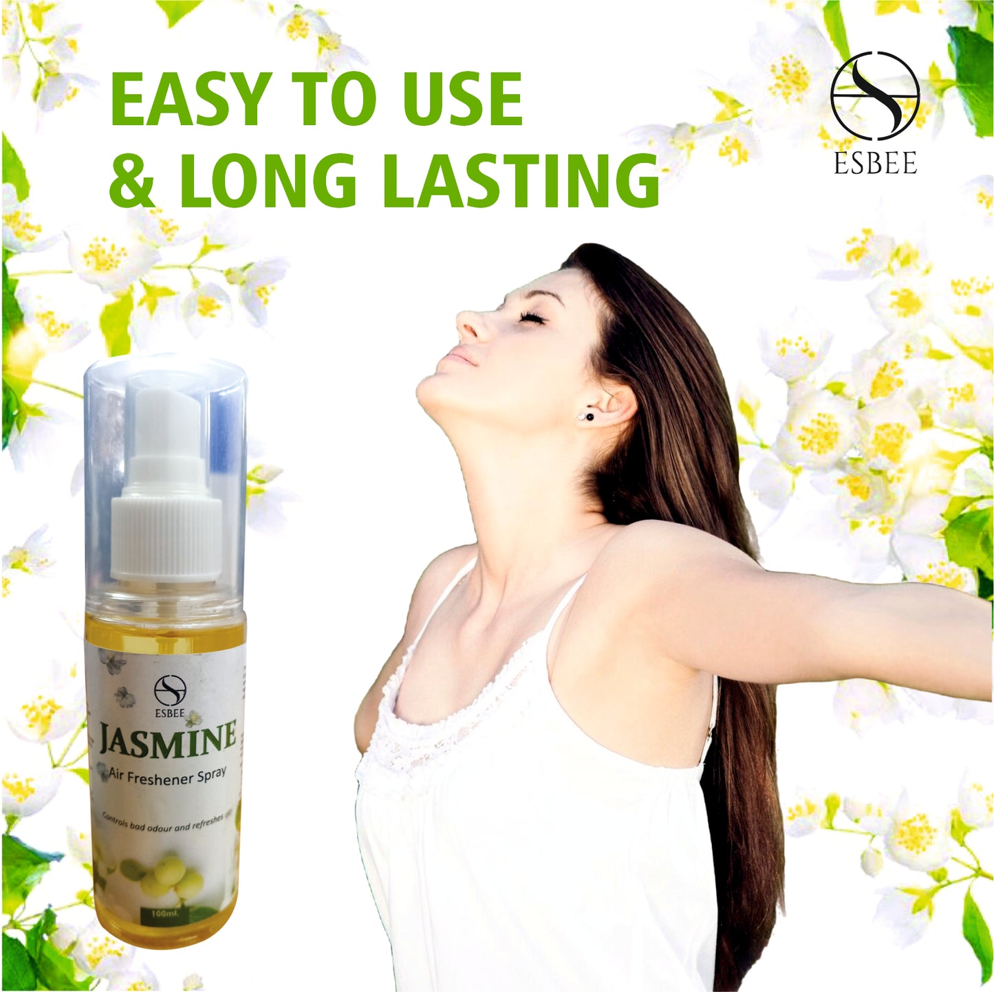 Esbee Jasmine Air Freshener Spray – 3 x 100ML | Long-Lasting & Refreshing Floral Fragrance | Odor Eliminator & Room Freshener (Pack of 3) (100ML, Jasmine)