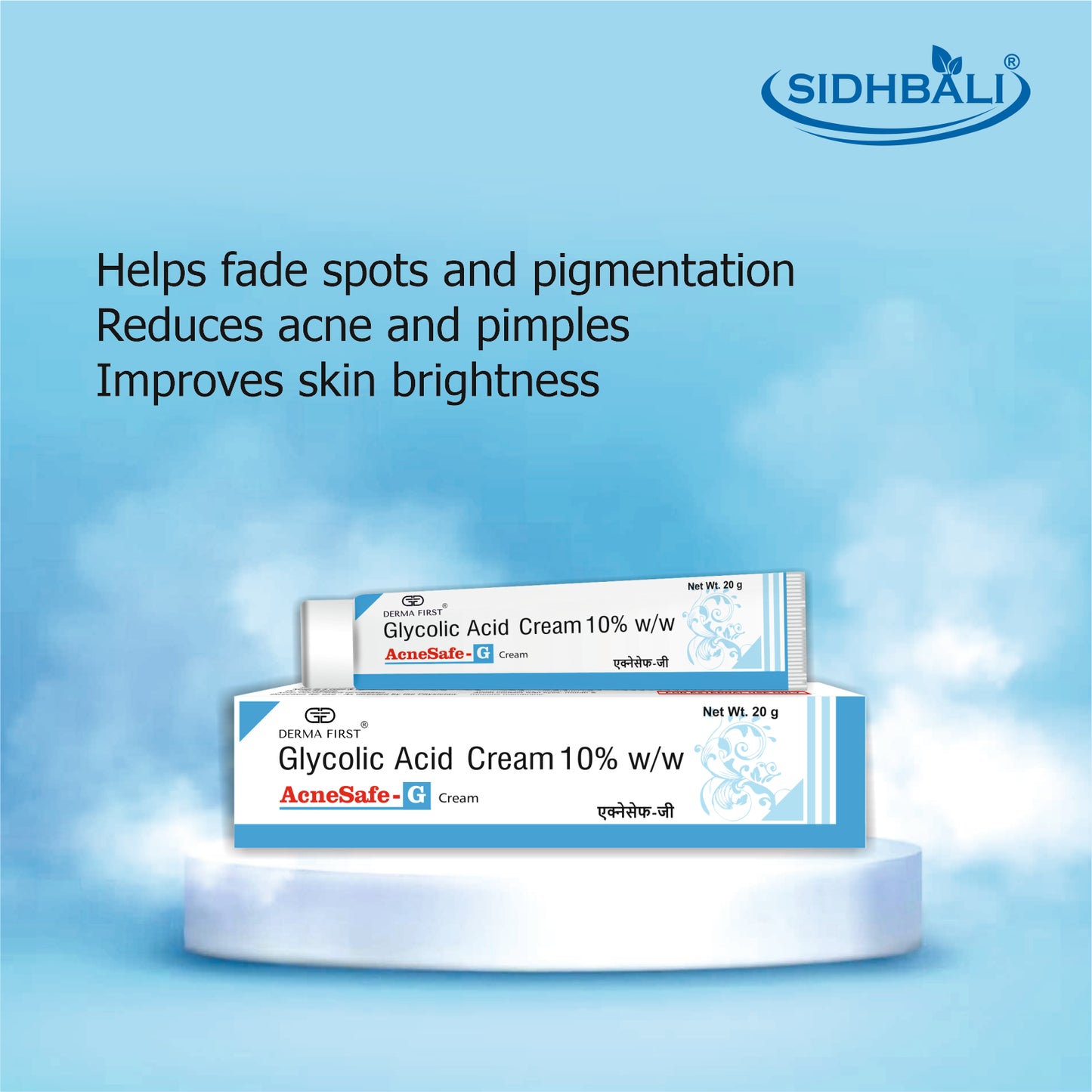 AcneSafe G Glycolic Acid Cream 10% | Fades Spots & Pigmentation | Reduces Acne & Pimples | Improves Skin Brightness | Hydrates Dry Skin | Fights Fine Lines & Wrinkles | Fade Hyperpigmentation | 20g I Pack of 1