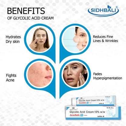 AcneSafe G Glycolic Acid Cream 10% | Fades Spots & Pigmentation | Reduces Acne & Pimples | Improves Skin Brightness | Hydrates Dry Skin | Fights Fine Lines & Wrinkles | Fade Hyperpigmentation | 20g I Pack of 1