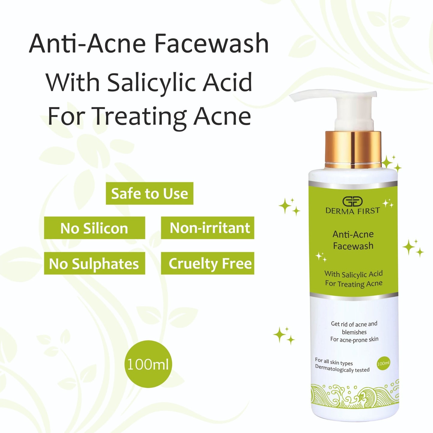DERMA FIRST Anti-Acne Salicylic Acid Face Wash I For Acne Treatment | Controls Excess Oil & Sebum | Removes Dirt & Impurities | Sulfate & Paraben-Free | Dermatologically Tested I  100ML I Pack of 1