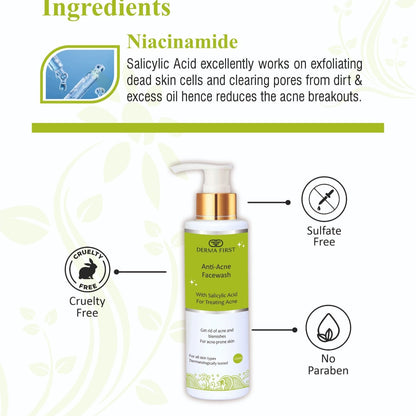 Derma First Anti-Acne Face Wash with Salicylic Acid | Facial Cleanser for Blemishes and Acne Prone Skin, 100ml I Pack of 1