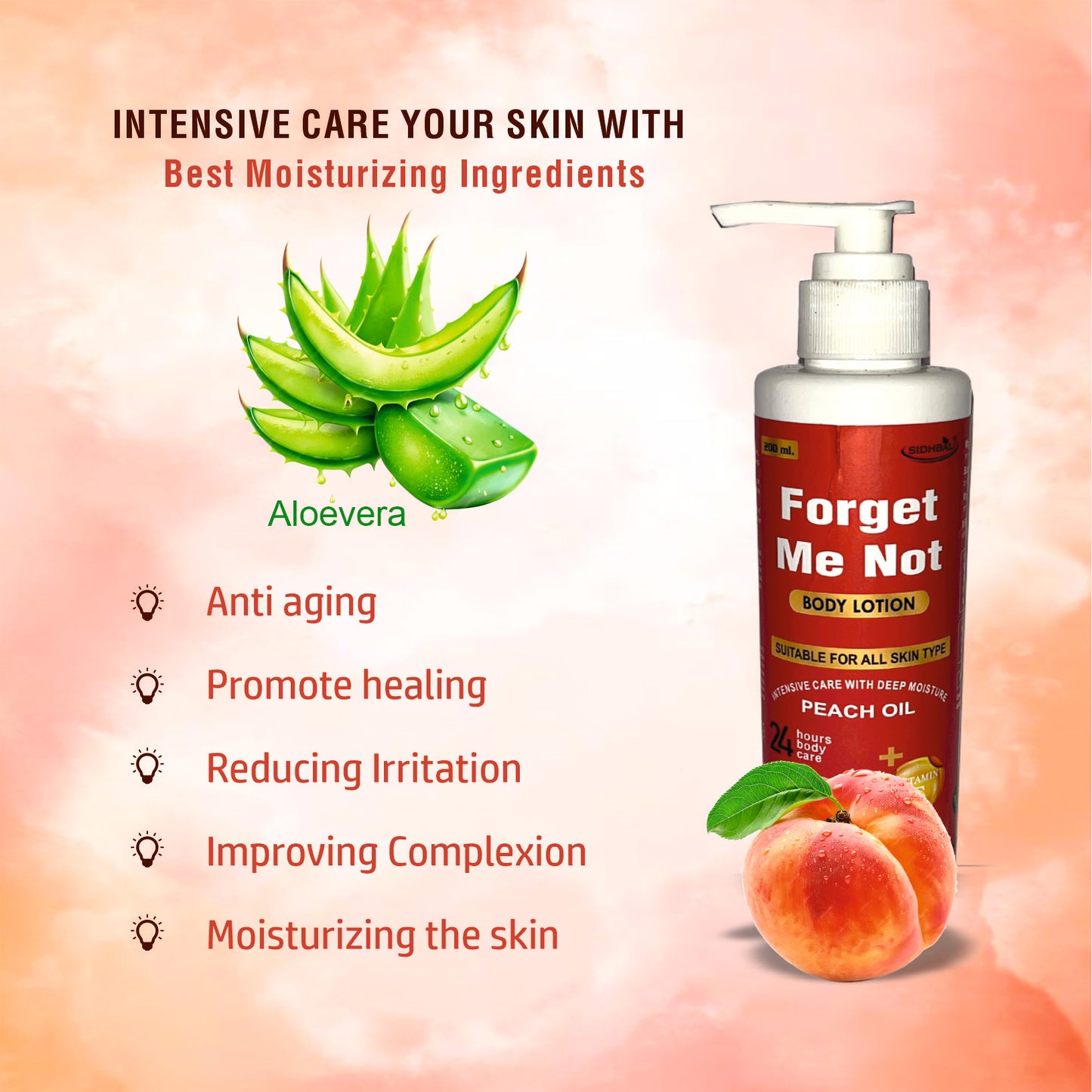 Forget Me Not Peach Body Lotion | 200ML | Unisex | 24-Hour Hydration & Repair | Peach Oil & Vitamin E | Deep Moisture for Dry Skin | Lightweight & Non-Greasy | Pleasant Peach Fragrance