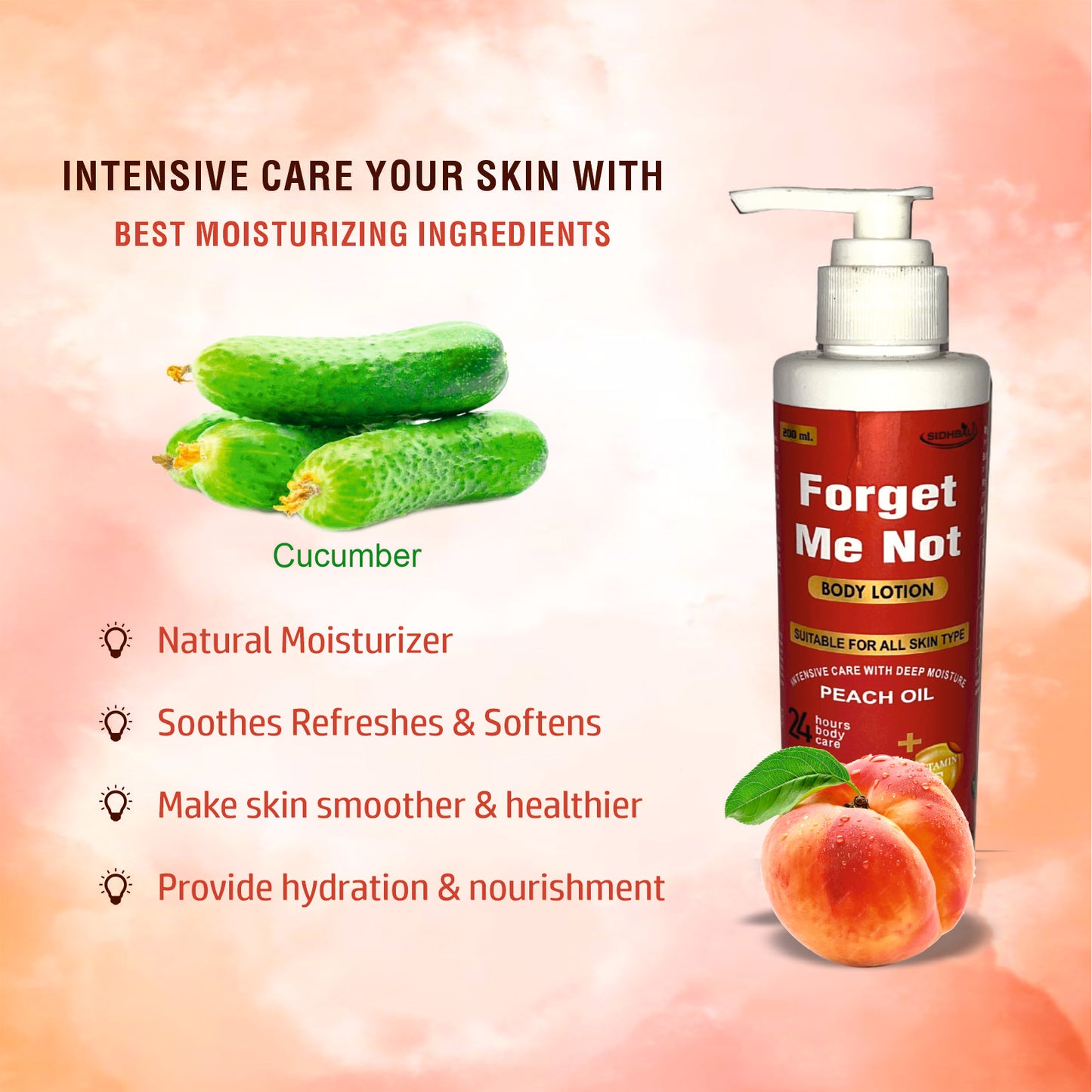Forget Me Not Peach Body Lotion | 200ML | Unisex | 24-Hour Hydration & Repair | Peach Oil & Vitamin E | Deep Moisture for Dry Skin | Lightweight & Non-Greasy | Pleasant Peach Fragrance