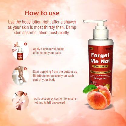 Forget Me Not Peach Body Lotion | 200ML | Unisex | 24-Hour Hydration & Repair | Peach Oil & Vitamin E | Deep Moisture for Dry Skin | Lightweight & Non-Greasy | Pleasant Peach Fragrance
