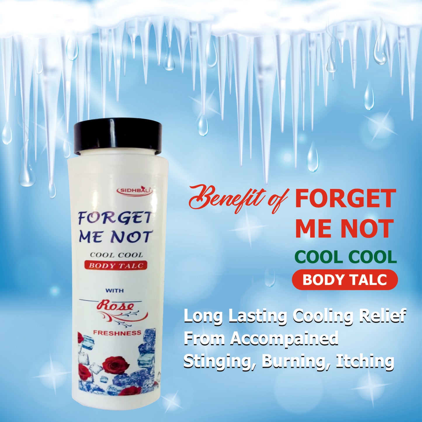 Forget Me Not Cool Cool Body Talc with Rose Freshness | 100g | Long-Lasting Cooling Relief | Prickly Heat Treatment | All-Day Freshness & Odor Control I Pack of 1
