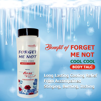 Forget Me Not Cool Cool Body Talc with Rose Freshness | 100g | Long-Lasting Cooling Relief | Prickly Heat Treatment | All-Day Freshness & Odor Control I Pack of 1