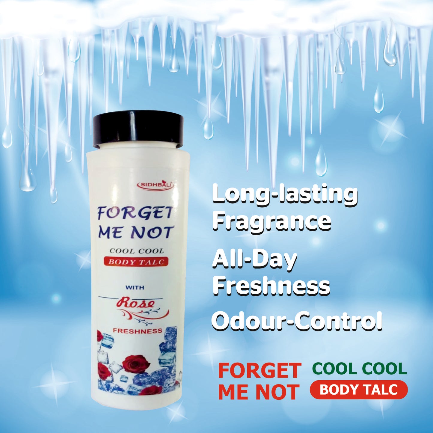 Forget Me Not Cool Cool Body Talc with Rose Freshness | 100g | Long-Lasting Cooling Relief | Prickly Heat Treatment | All-Day Freshness & Odor Control I Pack of 1
