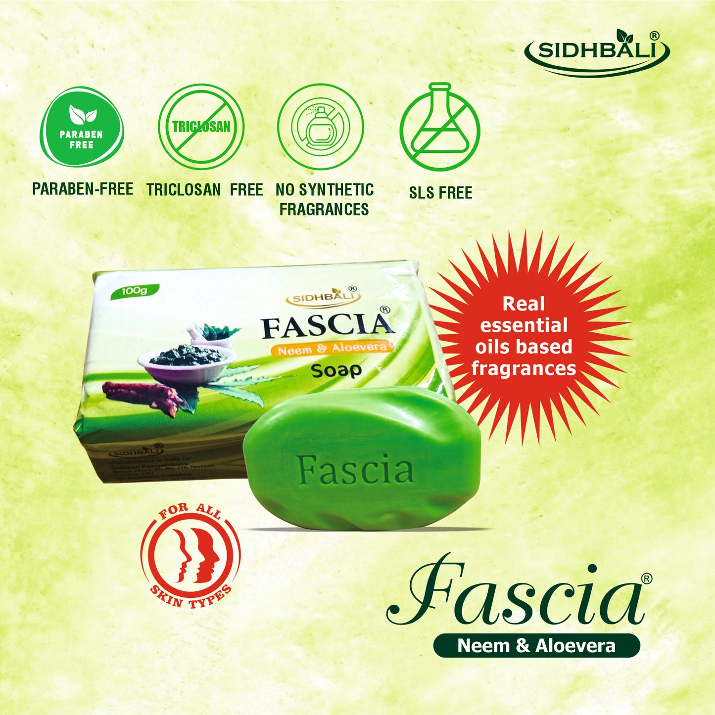 Fascia Neem & Aloe Vera Soap – 100g | Pack of 4 | Fights Acne & Pimples | Moisturizes, Soothes & Heals Skin | Herbal Skincare Soap