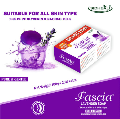Fascia Lavender Soap | Tea Tree Oil, Allantoin, Vitamin E & Aloe Vera | 100g + 25% Extra | Pack of 1 (In One Pack Get 4 + 2 Free | Dermatologist Tested for All Skin Types (For Face & Body)