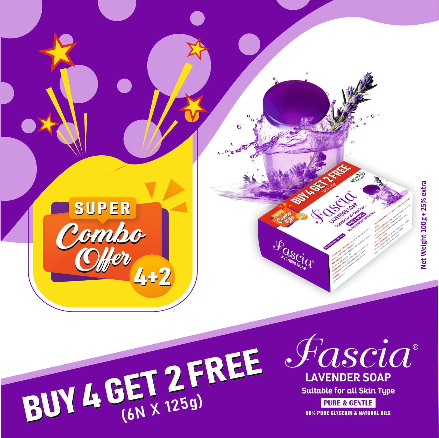 Fascia Lavender Soap | Tea Tree Oil, Allantoin, Vitamin E & Aloe Vera | 100g + 25% Extra | Pack of 1 (In One Pack Get 4 + 2 Free | Dermatologist Tested for All Skin Types (For Face & Body)