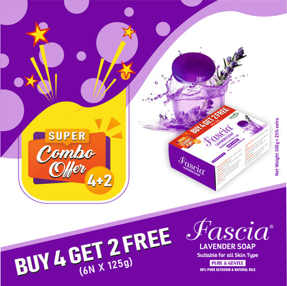 Fascia Lavender Soap | Tea Tree Oil, Allantoin, Vitamin E & Aloe Vera | 100g + 25% Extra | Pack of 1 (In One Pack Get 4 + 2 Free | Dermatologist Tested for All Skin Types (For Face & Body)