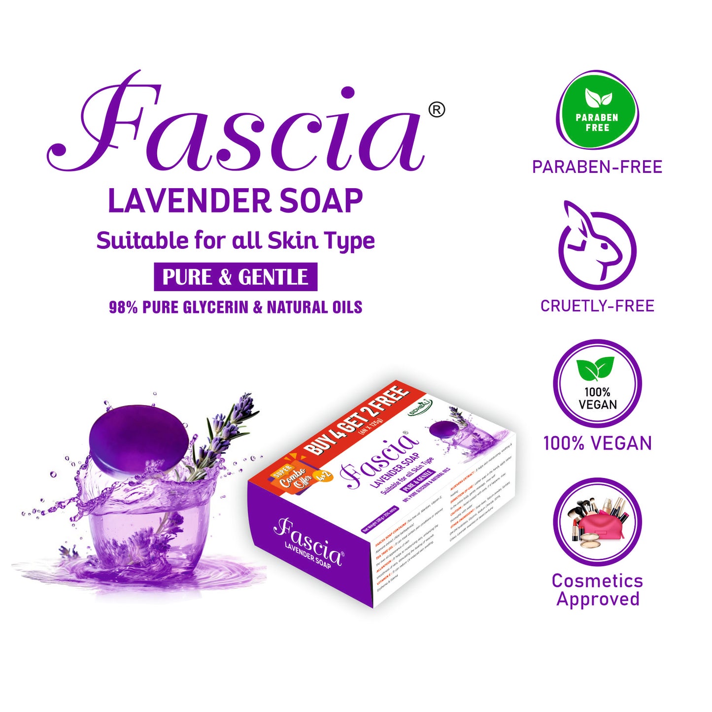Fascia Lavender Soap | Tea Tree Oil, Allantoin, Vitamin E & Aloe Vera | 100g + 25% Extra | Pack of 1 (In One Pack Get 4 + 2 Free | Dermatologist Tested for All Skin Types (For Face & Body)