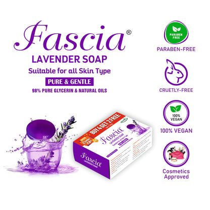 Fascia Lavender Soap | Tea Tree Oil, Allantoin, Vitamin E & Aloe Vera | 100g + 25% Extra | Pack of 1 (In One Pack Get 4 + 2 Free | Dermatologist Tested for All Skin Types (For Face & Body)