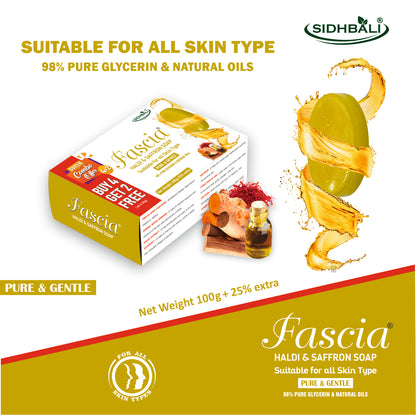 FASCIA Haldi & Saffron Soap | Pure & Gentle with 98% Pure Glycerin & Natural Oils, Sandalwood Powder, Haldi Extract, Vitamin C & Saffron | 100% Vegan, Paraben & Cruelty Free | Pack of 1 + Get 4+2 Free I 125g