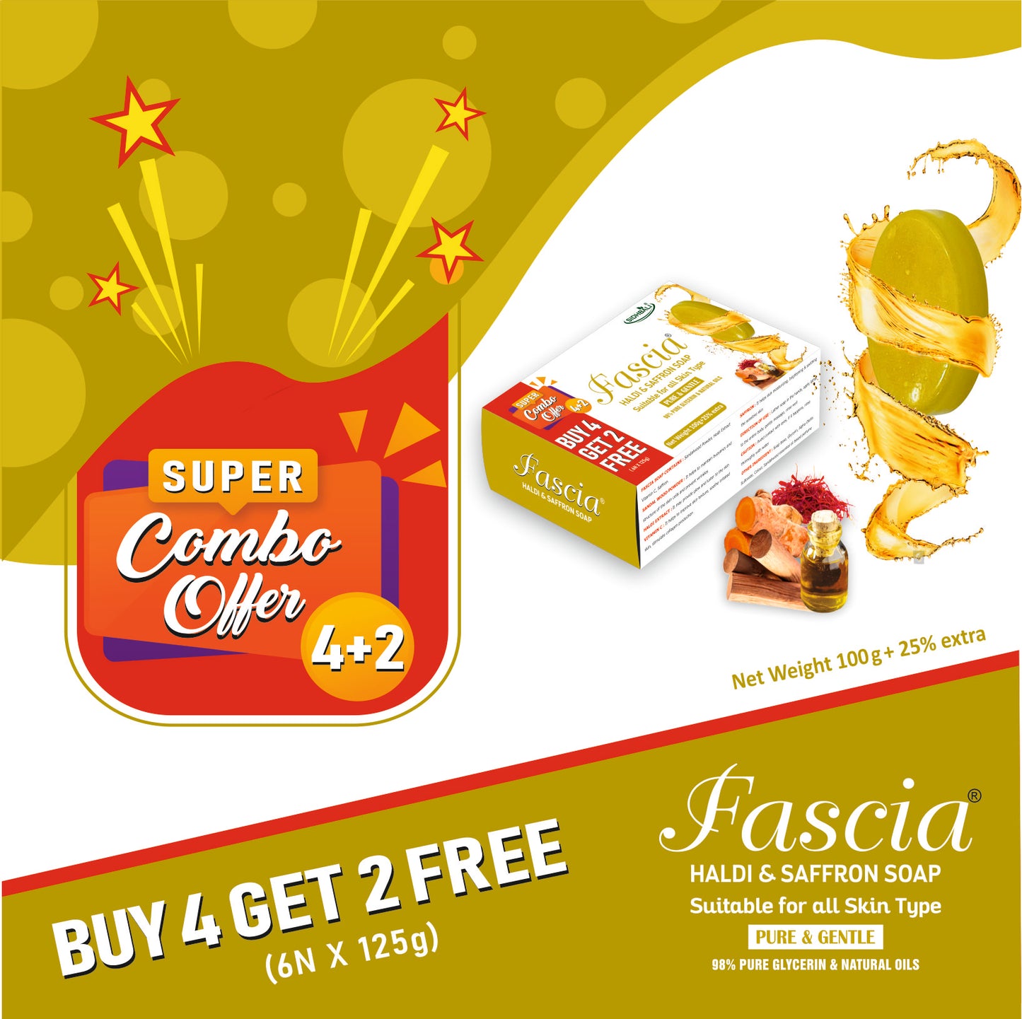 FASCIA Haldi & Saffron Soap | Pure & Gentle with 98% Pure Glycerin & Natural Oils, Sandalwood Powder, Haldi Extract, Vitamin C & Saffron | 100% Vegan, Paraben & Cruelty Free | Pack of 1 + Get 4+2 Free I 125g