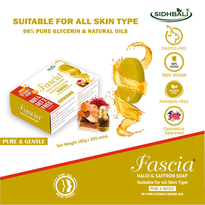 FASCIA Haldi & Saffron Soap | Pure & Gentle with 98% Pure Glycerin & Natural Oils, Sandalwood Powder, Haldi Extract, Vitamin C & Saffron | 100% Vegan, Paraben & Cruelty Free | Pack of 1 + Get 4+2 Free I 125g