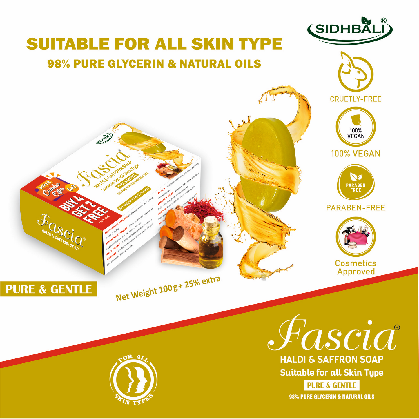 FASCIA Haldi & Saffron Soap | Pure & Gentle with 98% Pure Glycerin & Natural Oils, Sandalwood Powder, Haldi Extract, Vitamin C & Saffron | 100% Vegan, Paraben & Cruelty Free | Pack of 1 + Get 4+2 Free I 125g