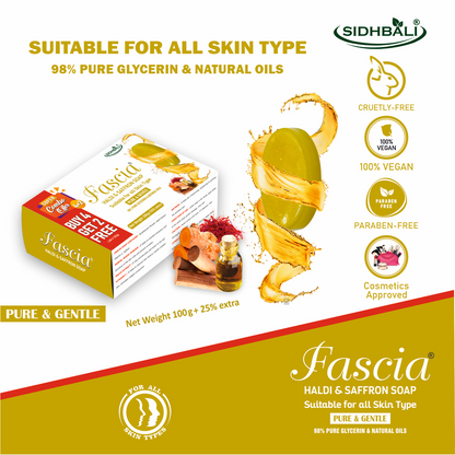 FASCIA Haldi & Saffron Soap | Pure & Gentle with 98% Pure Glycerin & Natural Oils, Sandalwood Powder, Haldi Extract, Vitamin C & Saffron | 100% Vegan, Paraben & Cruelty Free | Pack of 1 + Get 4+2 Free I 125g