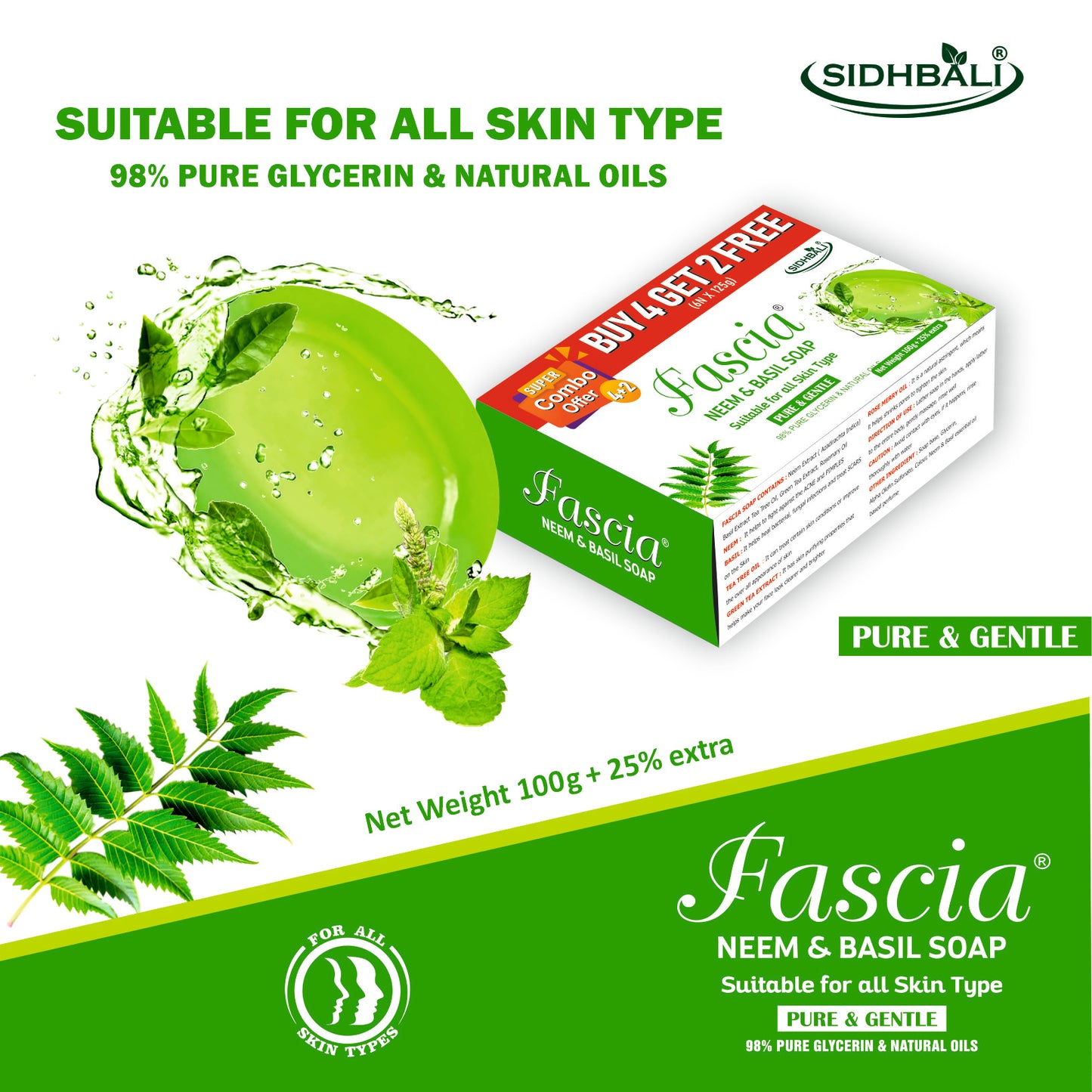 Fascia Neem & Basil Soap | Pure & Gentle for All Skin Types | 98% Pure Glycerin & Natural Oils, Tea Tree Oil, Allantoin, Vitamin E & Neem Extract | Paraben-Free, Cruelty-Free (Pack of 1) (Get 4+2 Free) 125g Each