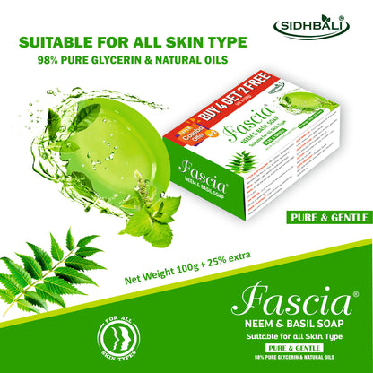 Fascia Neem & Basil Soap | Pure & Gentle for All Skin Types | 98% Pure Glycerin & Natural Oils, Tea Tree Oil, Allantoin, Vitamin E & Neem Extract | Paraben-Free, Cruelty-Free (Pack of 1) (Get 4+2 Free) 125g Each