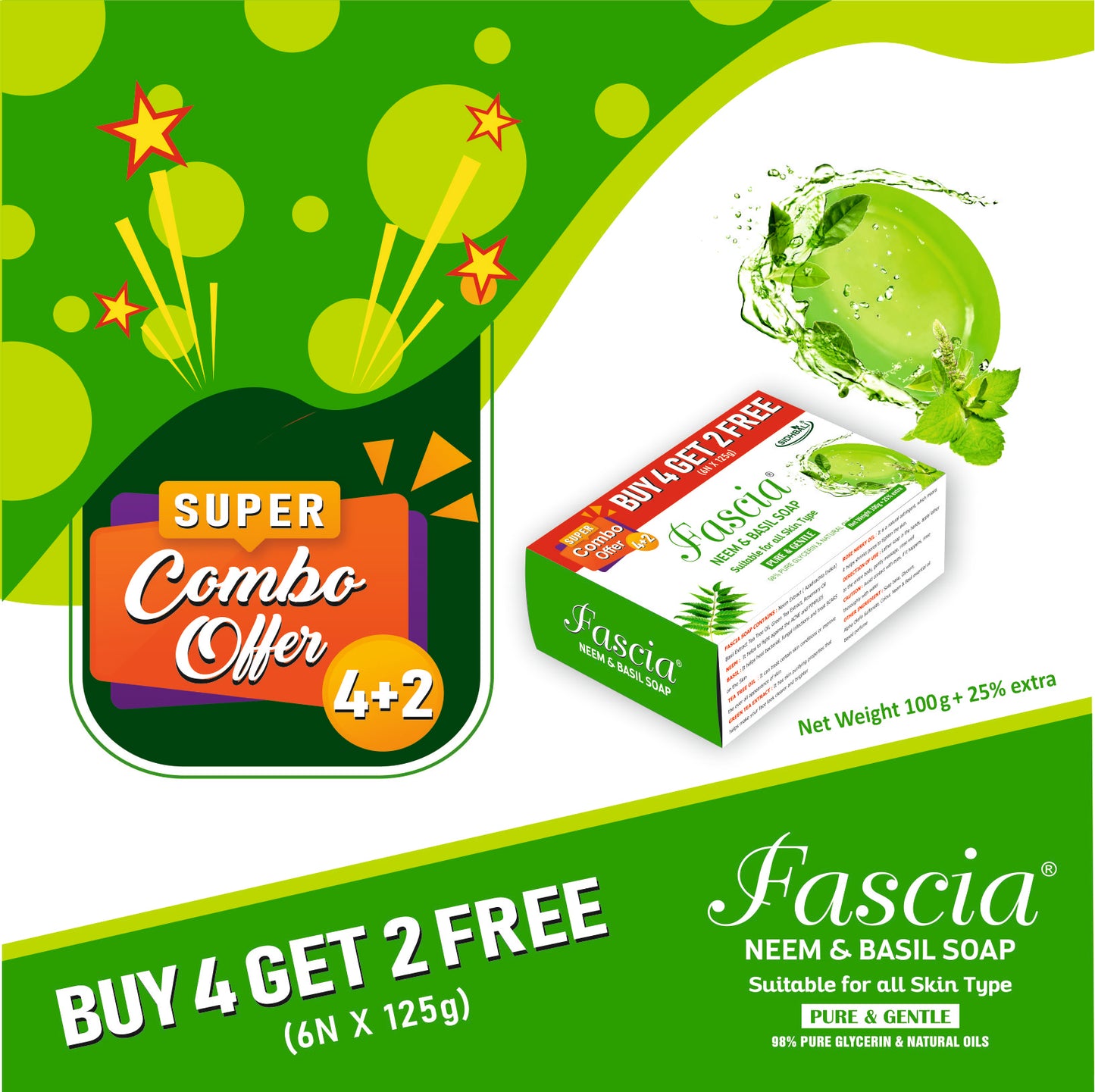 Fascia Neem & Basil Soap | Pure & Gentle for All Skin Types | 98% Pure Glycerin & Natural Oils, Tea Tree Oil, Allantoin, Vitamin E & Neem Extract | Paraben-Free, Cruelty-Free (Pack of 1) (Get 4+2 Free) 125g Each