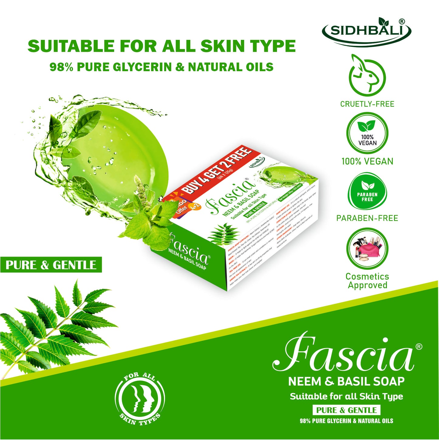 Fascia Neem & Basil Soap | Pure & Gentle for All Skin Types | 98% Pure Glycerin & Natural Oils, Tea Tree Oil, Allantoin, Vitamin E & Neem Extract | Paraben-Free, Cruelty-Free (Pack of 1) (Get 4+2 Free) 125g Each