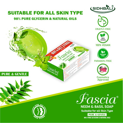 Fascia Neem & Basil Soap | Pure & Gentle for All Skin Types | 98% Pure Glycerin & Natural Oils, Tea Tree Oil, Allantoin, Vitamin E & Neem Extract | Paraben-Free, Cruelty-Free (Pack of 1) (Get 4+2 Free) 125g Each