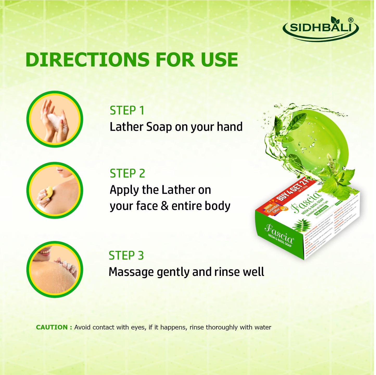 Fascia Neem & Basil Soap | Pure & Gentle for All Skin Types | 98% Pure Glycerin & Natural Oils, Tea Tree Oil, Allantoin, Vitamin E & Neem Extract | Paraben-Free, Cruelty-Free (Pack of 1) (Get 4+2 Free) 125g Each