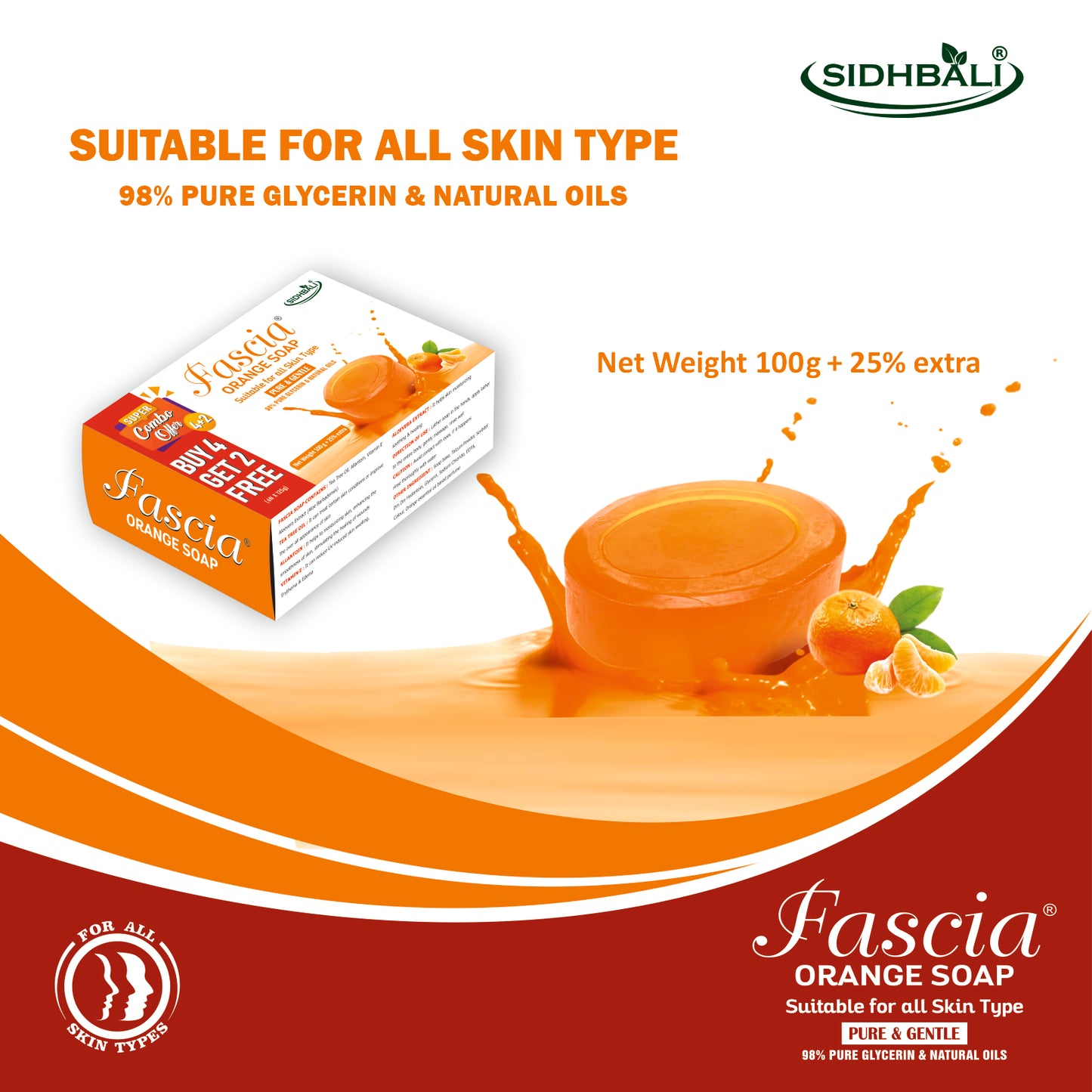 Fascia Orange Soap | Pure & Gentle for All Skin Types | 98% Pure Glycerin & Natural Oils, Tea Tree Oil, Allantoin, Vitamin E & Aloe Vera Extract | Paraben-Free, Cruelty-Free, 100% Vegan, Cosmetic Approved | Pack of 1 + Get 4+2 Free