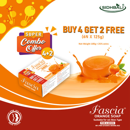 Fascia Orange Soap | Pure & Gentle for All Skin Types | 98% Pure Glycerin & Natural Oils, Tea Tree Oil, Allantoin, Vitamin E & Aloe Vera Extract | Paraben-Free, Cruelty-Free, 100% Vegan, Cosmetic Approved | Pack of 1 + Get 4+2 Free