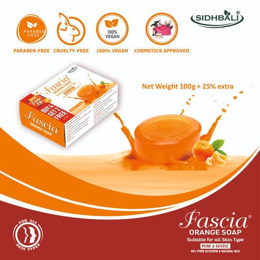 Fascia Orange Soap | Pure & Gentle for All Skin Types | 98% Pure Glycerin & Natural Oils, Tea Tree Oil, Allantoin, Vitamin E & Aloe Vera Extract | Paraben-Free, Cruelty-Free, 100% Vegan, Cosmetic Approved | Pack of 1 + Get 4+2 Free