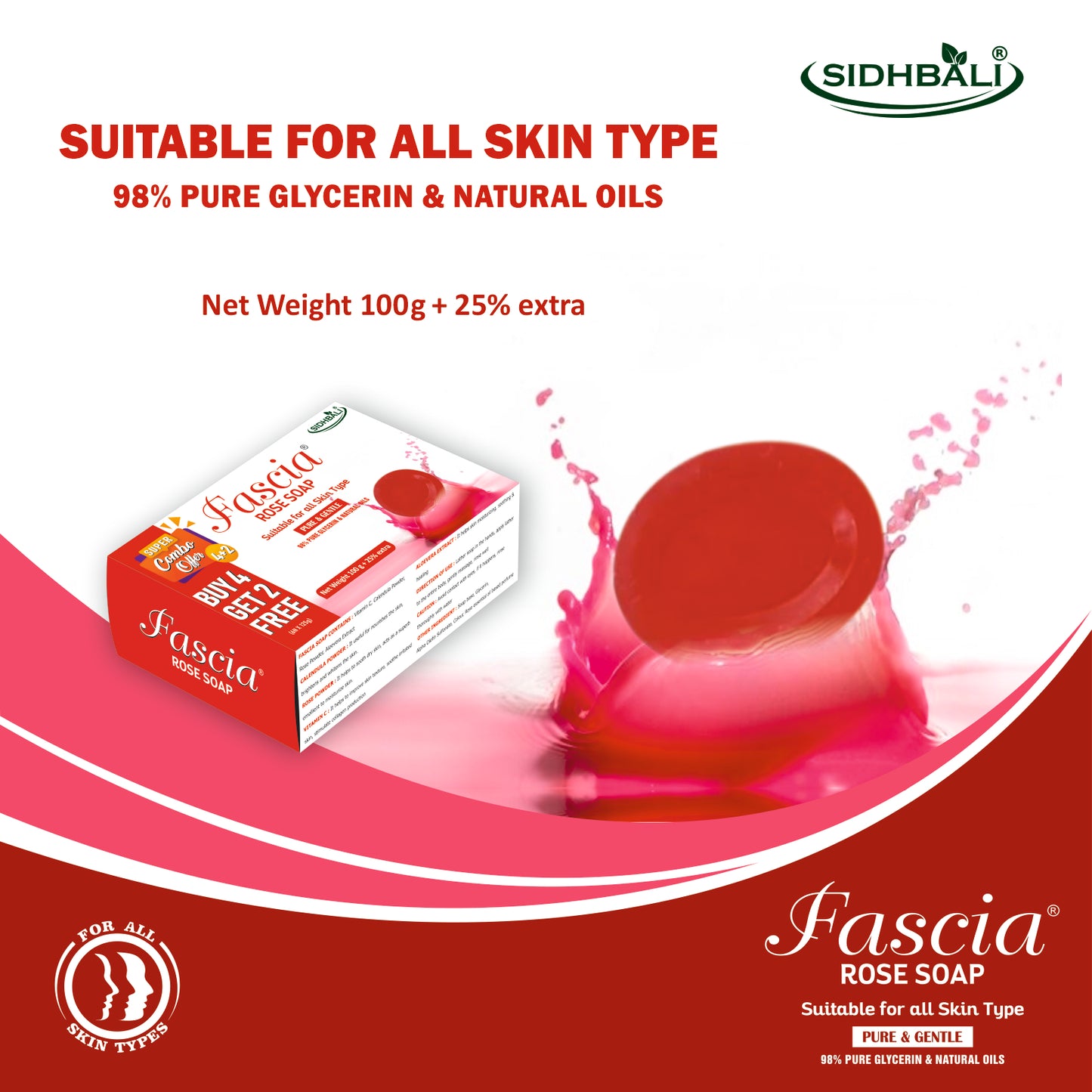 Fascia Rose Soap | Suitable for All Skin Types | 98% Pure Glycerin & Natural Oils, Vitamin C, Rose Powder & Aloe Vera Extract | 100g + 25% Extra | Pack of 1 | Dermatologist Tested