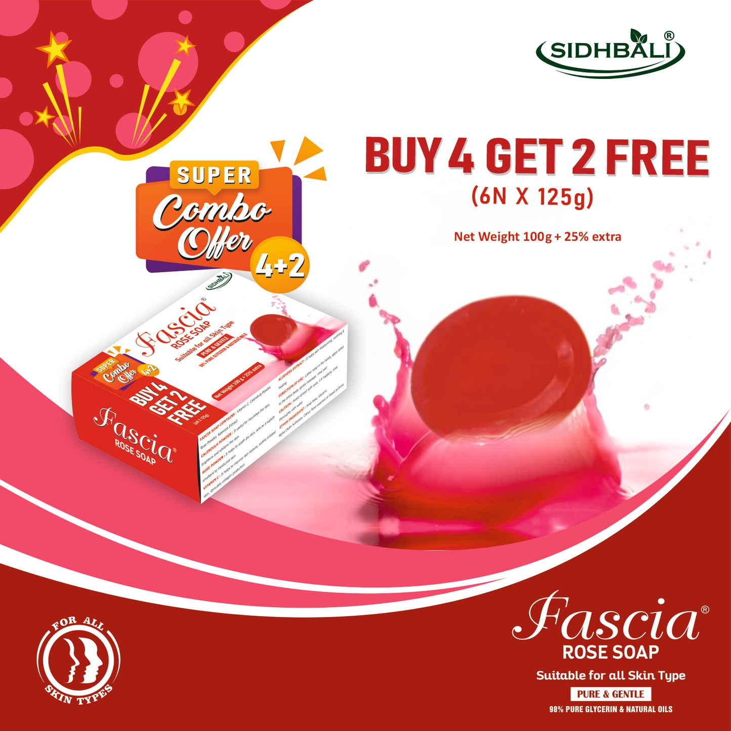 Fascia Rose Soap | Suitable for All Skin Types | 98% Pure Glycerin & Natural Oils, Vitamin C, Rose Powder & Aloe Vera Extract | 100g + 25% Extra | Pack of 1 | Dermatologist Tested