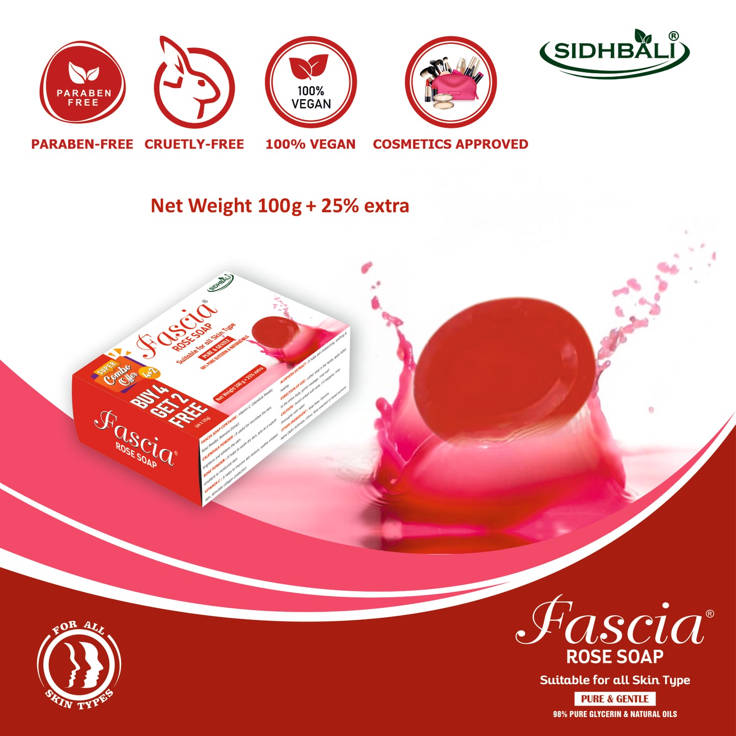 Fascia Rose Soap | Suitable for All Skin Types | 98% Pure Glycerin & Natural Oils, Vitamin C, Rose Powder & Aloe Vera Extract | 100g + 25% Extra | Pack of 1 | Dermatologist Tested