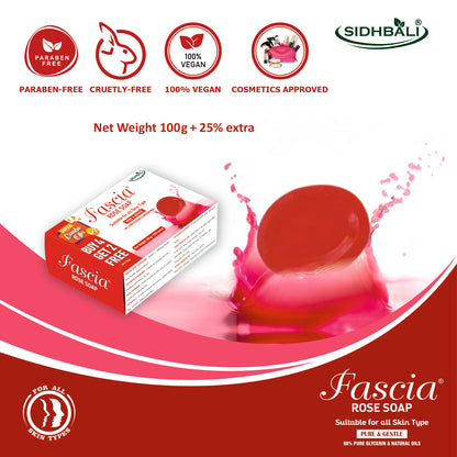 Fascia Rose Soap | Suitable for All Skin Types | 98% Pure Glycerin & Natural Oils, Vitamin C, Rose Powder & Aloe Vera Extract | 100g + 25% Extra | Pack of 1 | Dermatologist Tested