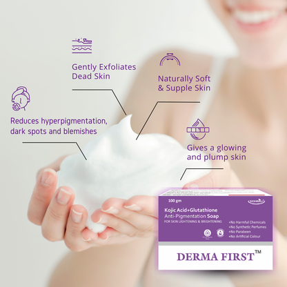 Derma First Kojic Acid and Glutathione Anti-Pigmentation Bath Soap Bar (Pack of 2) | 100g*2 | Skin Lightening and Brightening Soap | For treating dark spots and blemishes (200g, 2)
