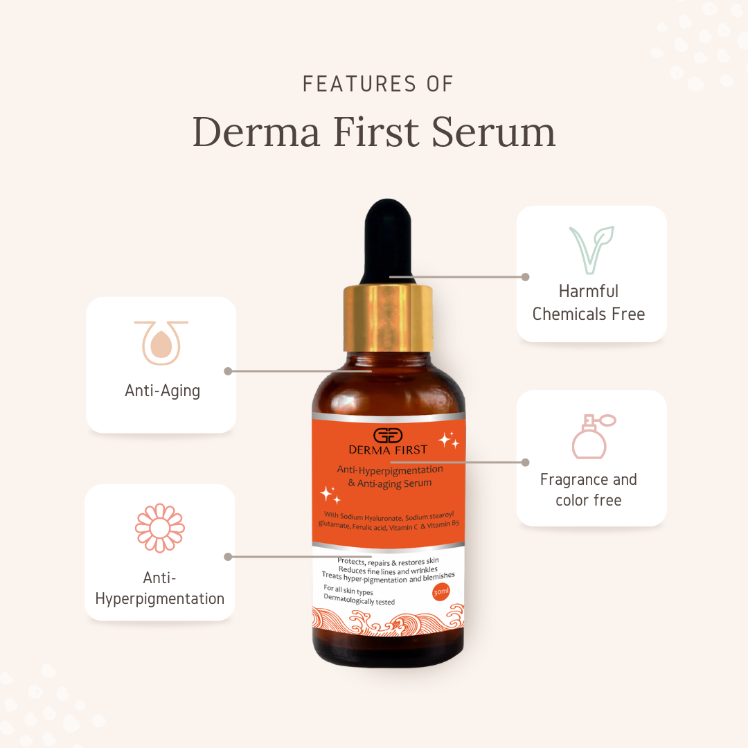 Derma First Anti-Hyperpigmentation and Anti-Aging Face Serum with Hyaluronate, Sodium Stearoyl Glutamate, Vitamin C, 30ml | Reduces Fines lines, wrinkles and dark spots