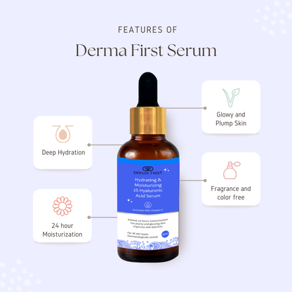 Derma First Moisturizing Face Serum | Vitamin C & Hyaluronic Acid | 30ml | Deep Hydration & 24-Hour Moisturization | No Parabens, Sulphates, or Artificial Chemicals | Glow & Plump Skin | Dermatologically Tested I Pack of 1