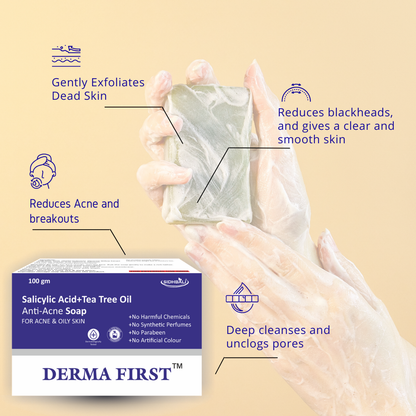 Derma First Salicylic Acid and Tea Tree Oil Anti-Acne Bath Soap Bar, For Oily and Acne prone skin| 100g*2 | Pack of 2, Reduces Acne and Breakouts